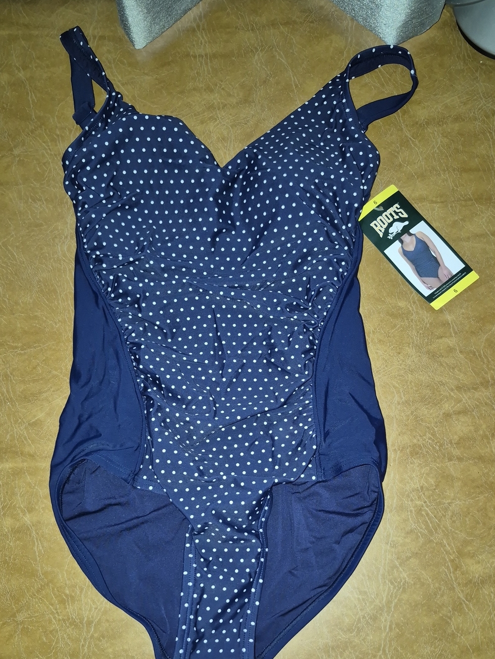 NWT Womens Roots Navy and White Polka Dot One-Piece Swimsuit..size 6